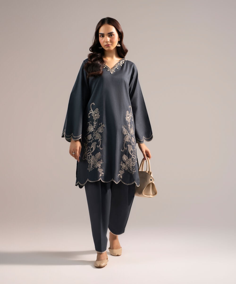 Women's RTW Dobby Embroidered Charcoal Grey Straight Shirt