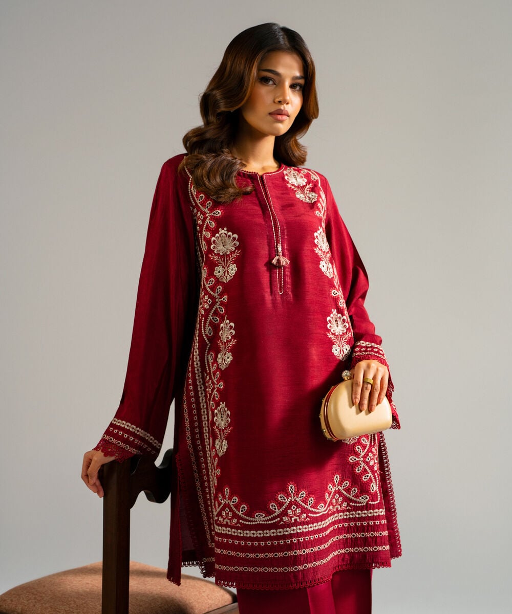 Women's RTW Raw Silk Embroidered Maroon 2 Piece Suit