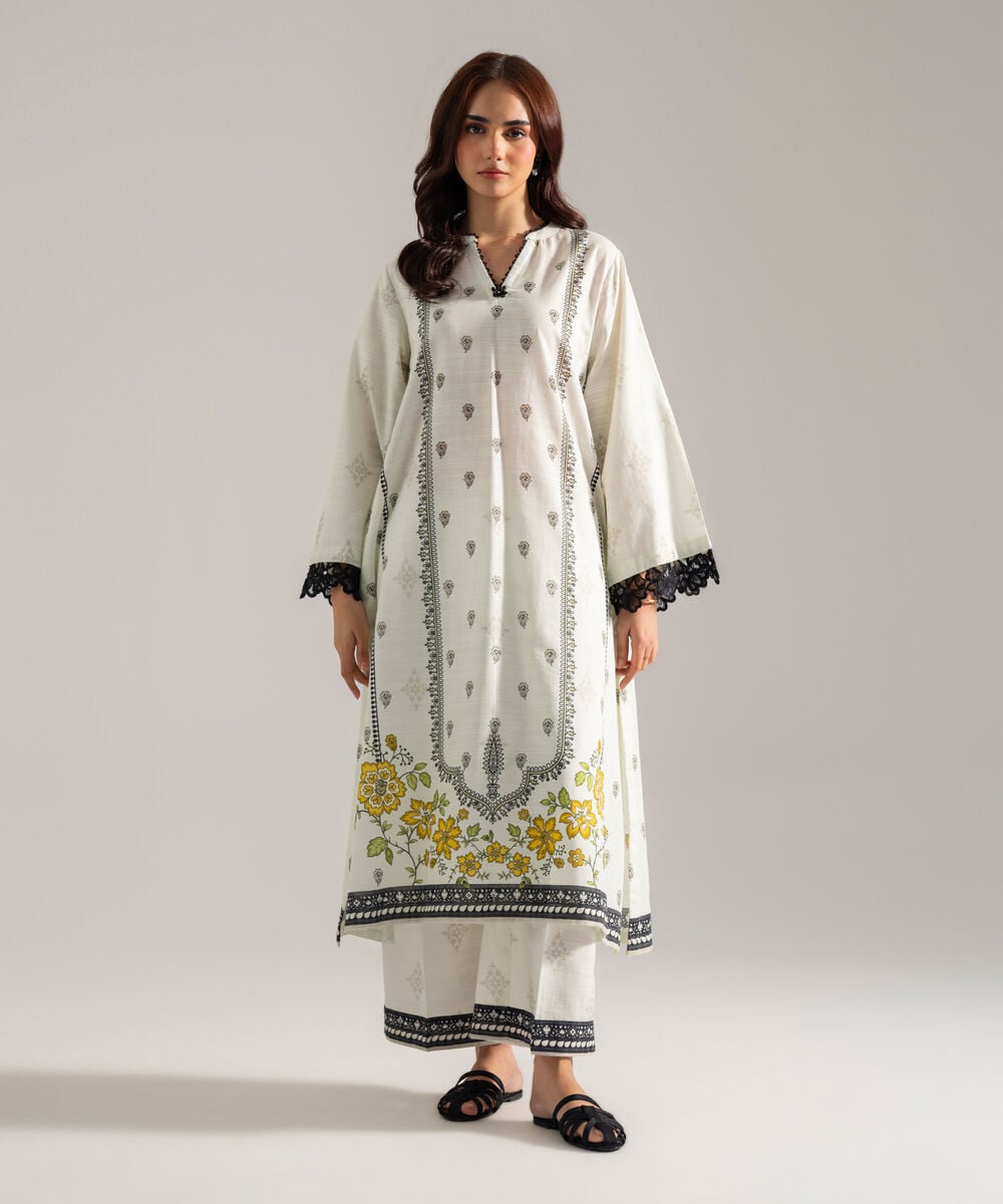 Women's RTW Printed White Khaddar A-Line Shirt