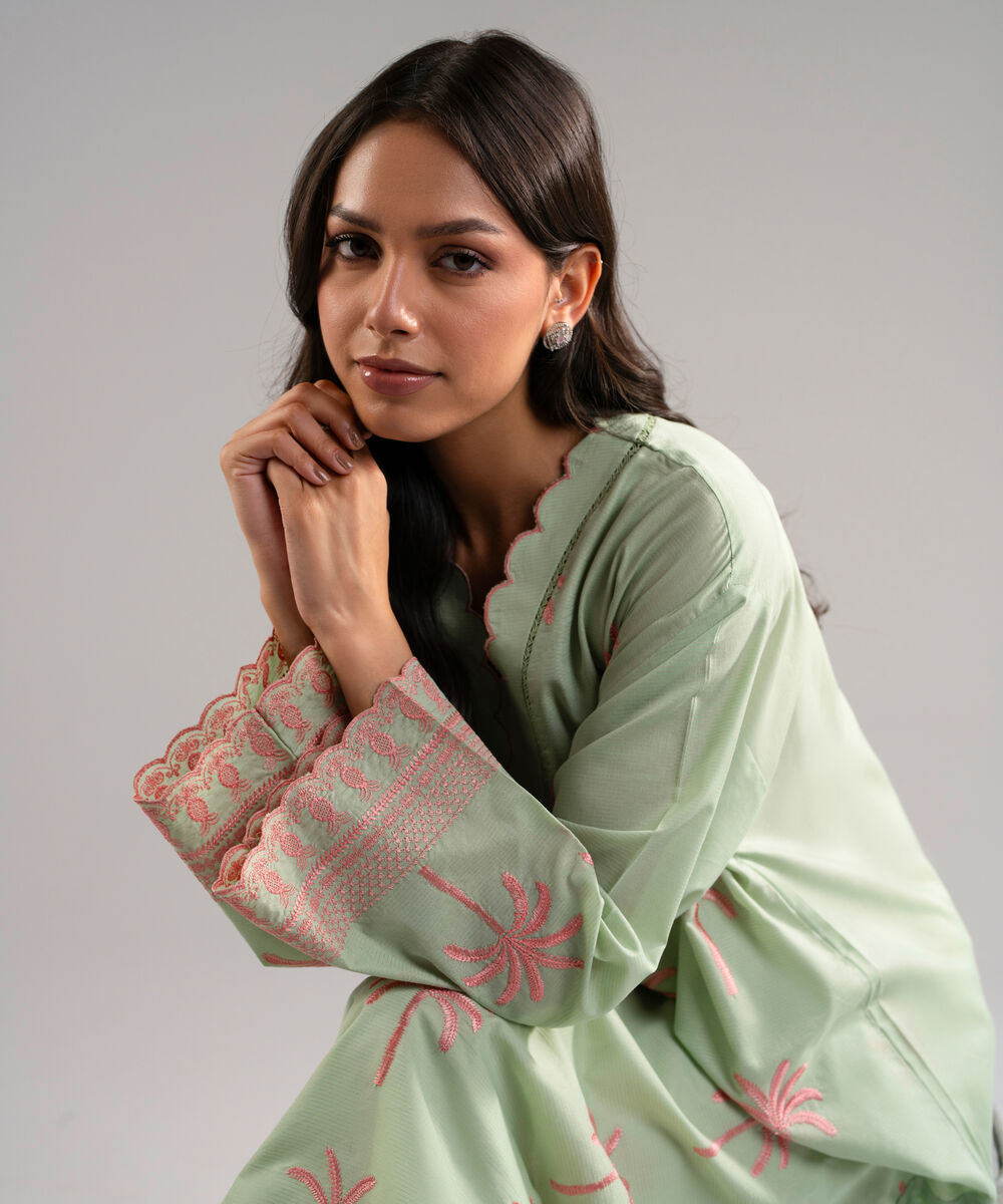 Women's RTW Zari Lawn Embroidered Green Drop Shoulder Shirt