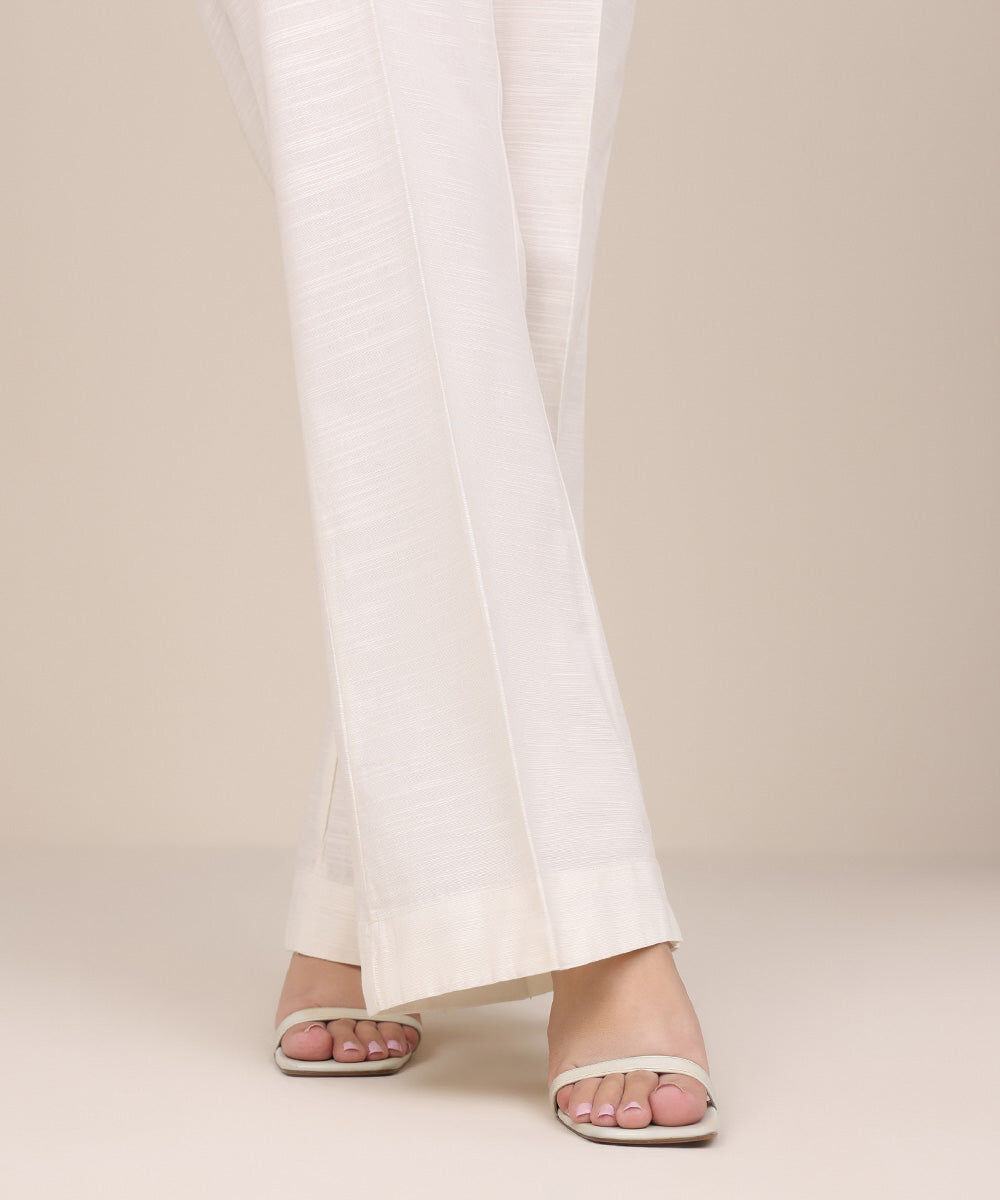 Khaddar Boot-Cut Pants Women's Pret Khaddar Off White Solid Boot Cut Pants