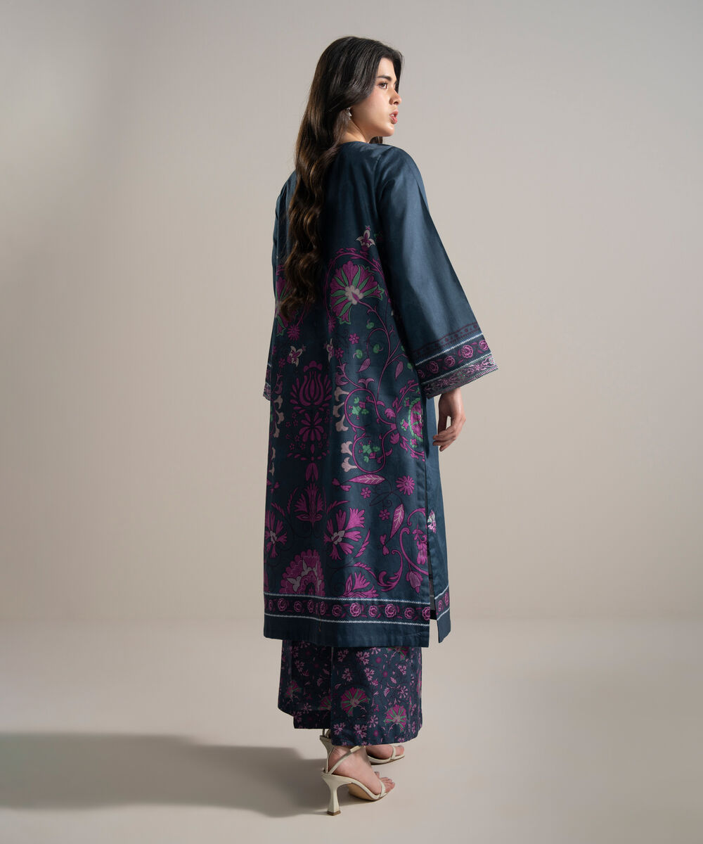 Women's RTW Cotton Satin Embroidered Blue A-Line Shirt