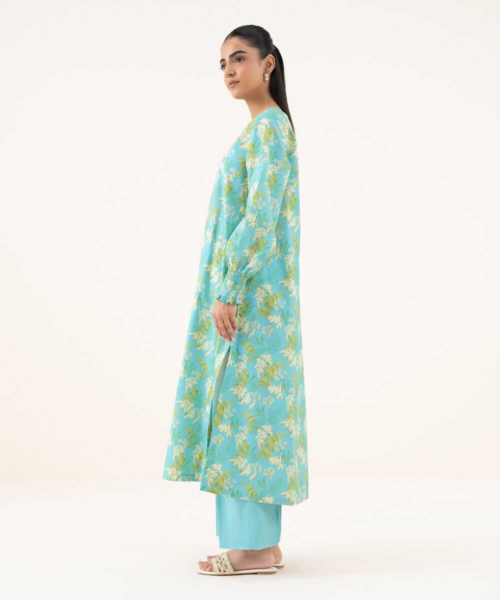 Women's Unstitched Cotton Printed Blue Two Piece Suit