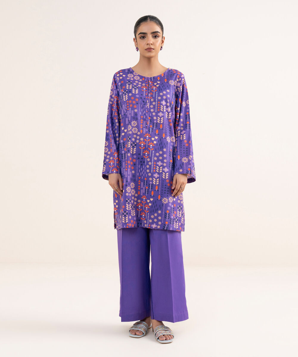 Women's RTW Lawn Viscose Purple Printed A-Line Shirt