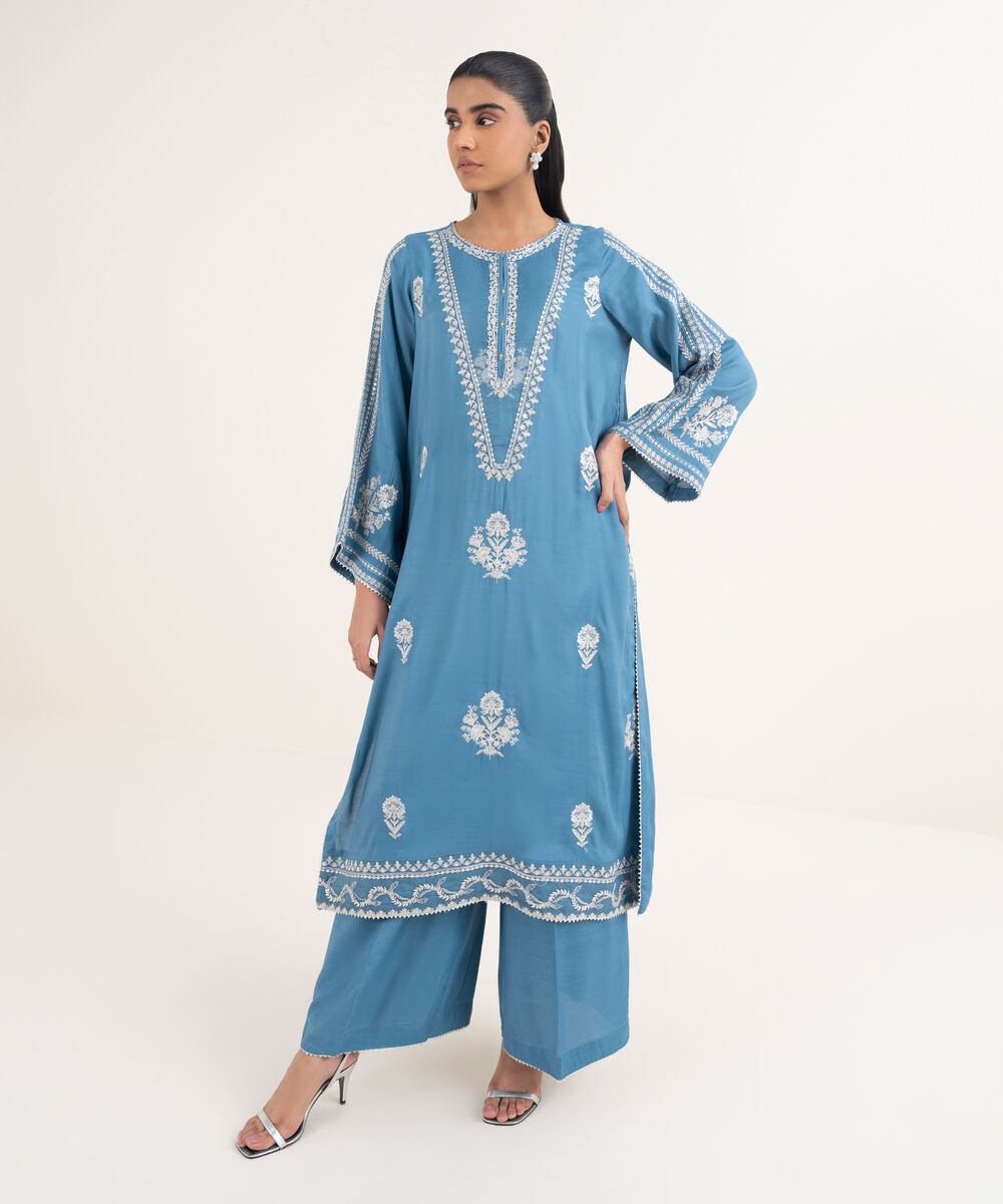 Women's RTW Viscose Raw Silk Embroidered A-Line Blue Shirt