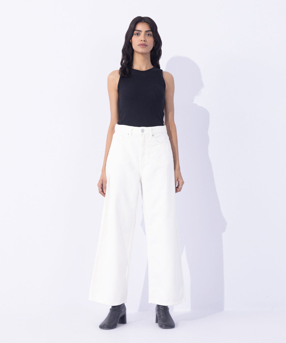 Woman - Off White Cropped Wide Leg Jeans