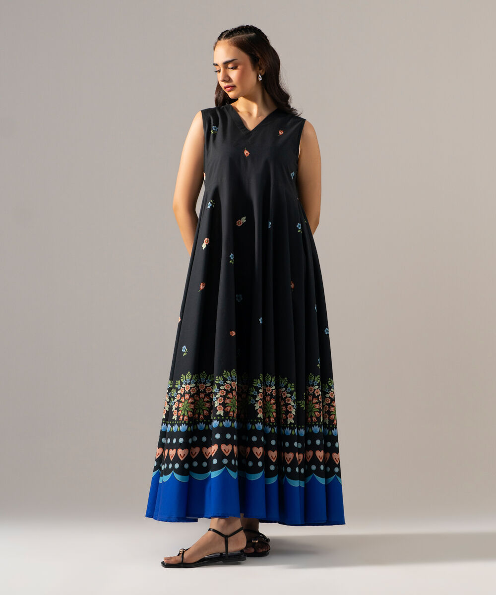 Women's RTW Cambric Printed Black Dress