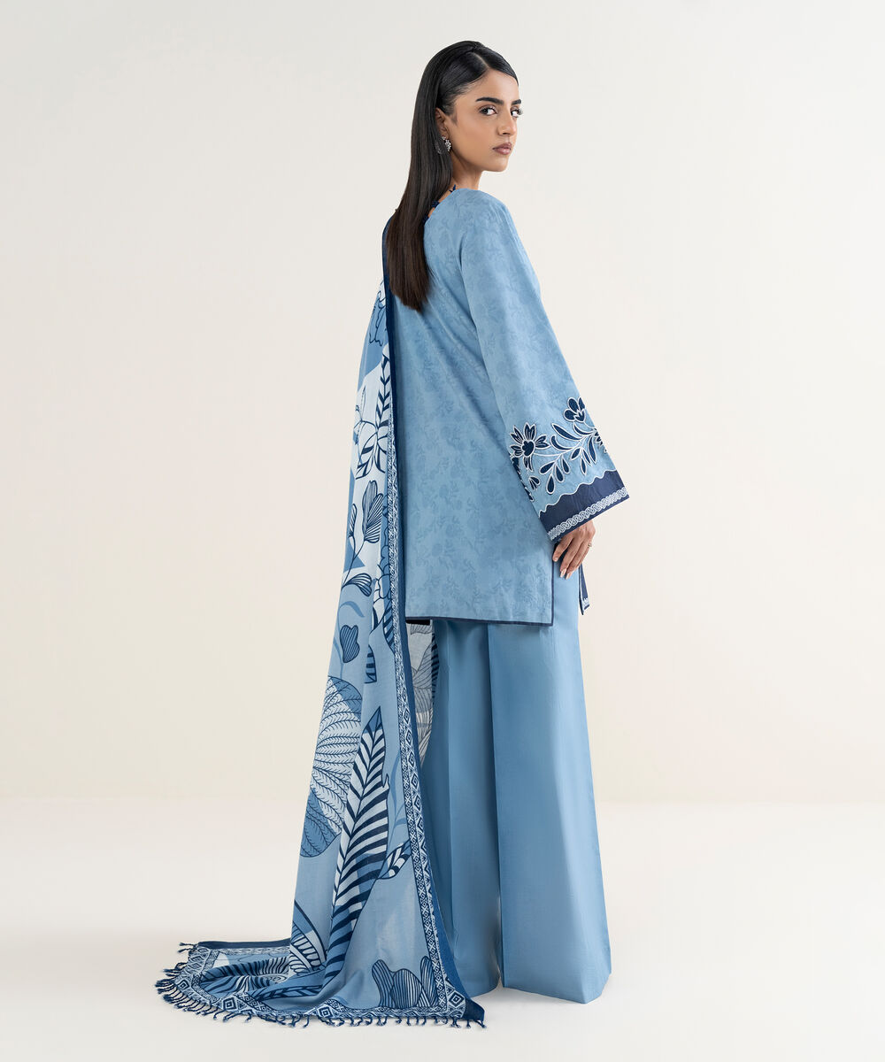 Women's Unstitched Embroidered Cotton Jacquard Blue 3 Piece Suit