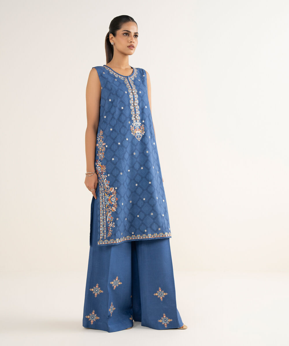 Women's Unstitched Linen Embroidered Blue 2 Piece Suit