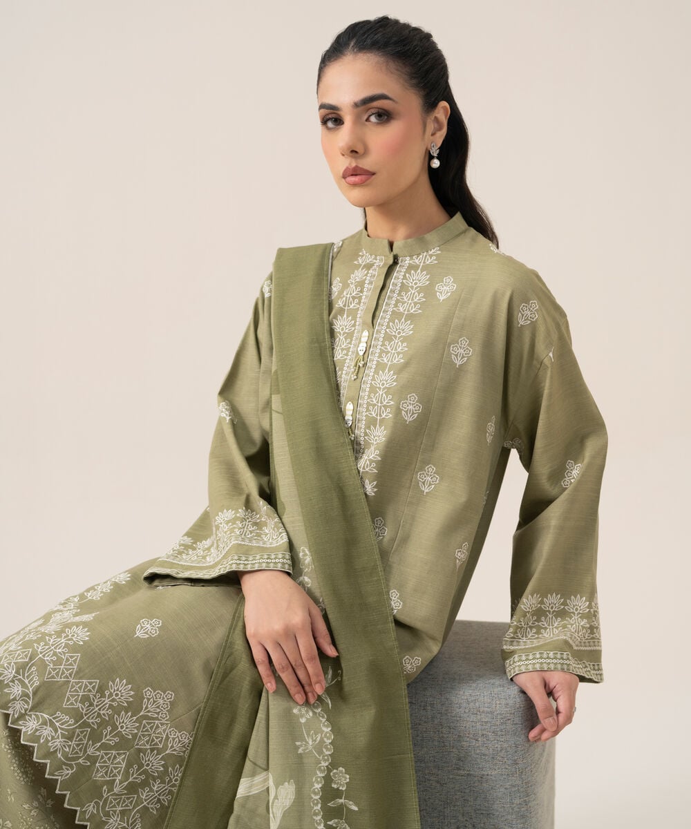 Women's Unstitched Premium Khaddar Embroidered Light Green 3 Piece Suit