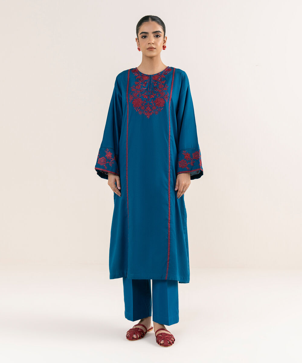 Women's RTW Textured Lawn Blue Embroidered Straight Shirt