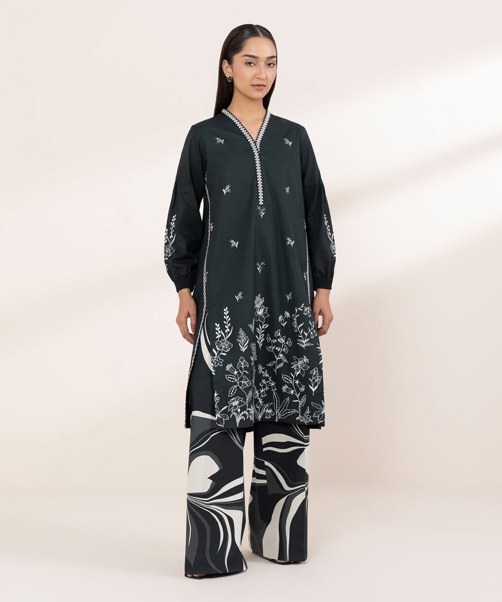 Women's Unstitched Cotton Embroidered Black 2 Piece Suit