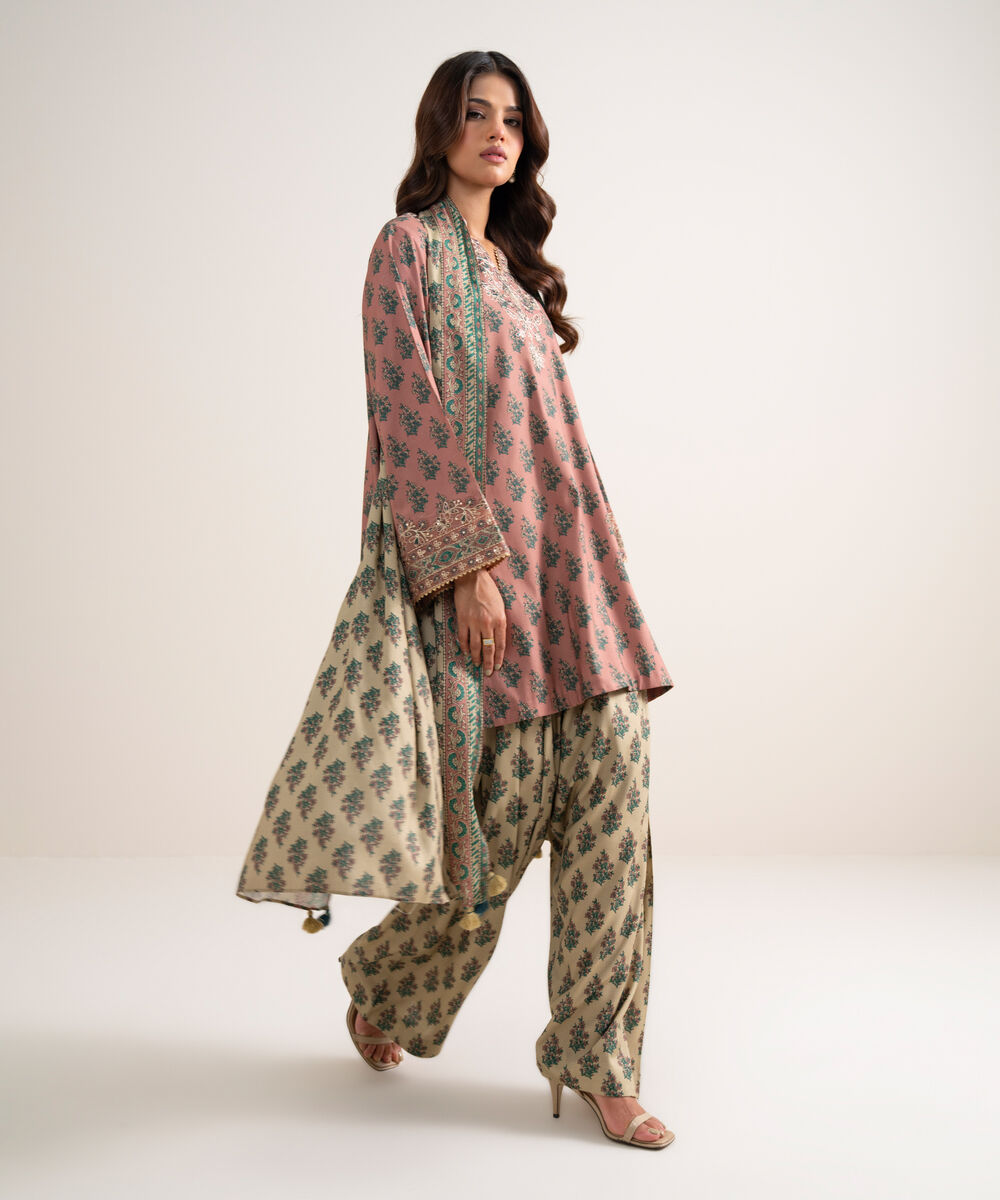 Women's Unstitched Embroidered Linen Tea Pink 3 Piece Suit
