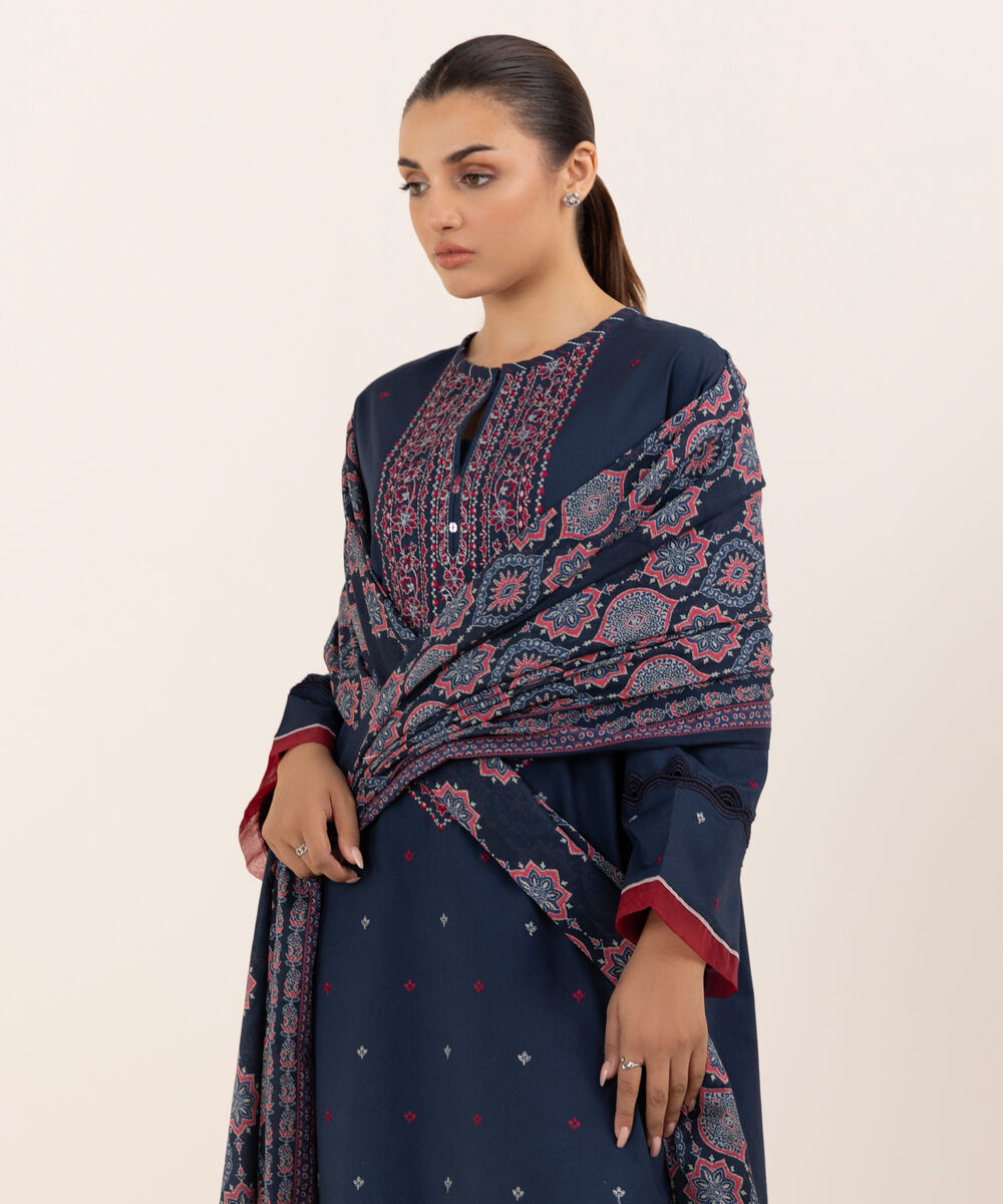Women's Unstitched Lawn Embroidered Blue Three Piece Suit