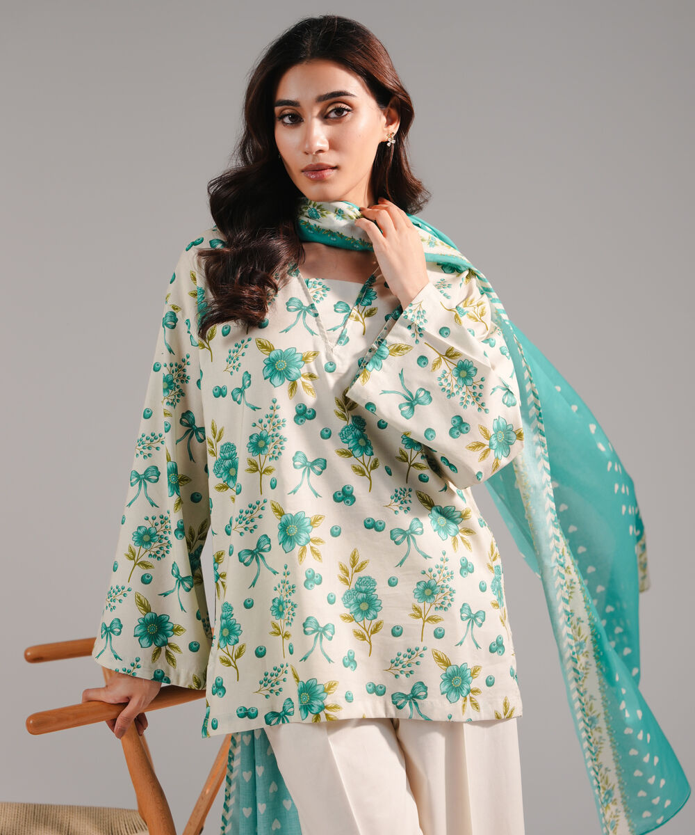 Women's RTW Cotton Viscose Printed Grey 2 Piece Suit