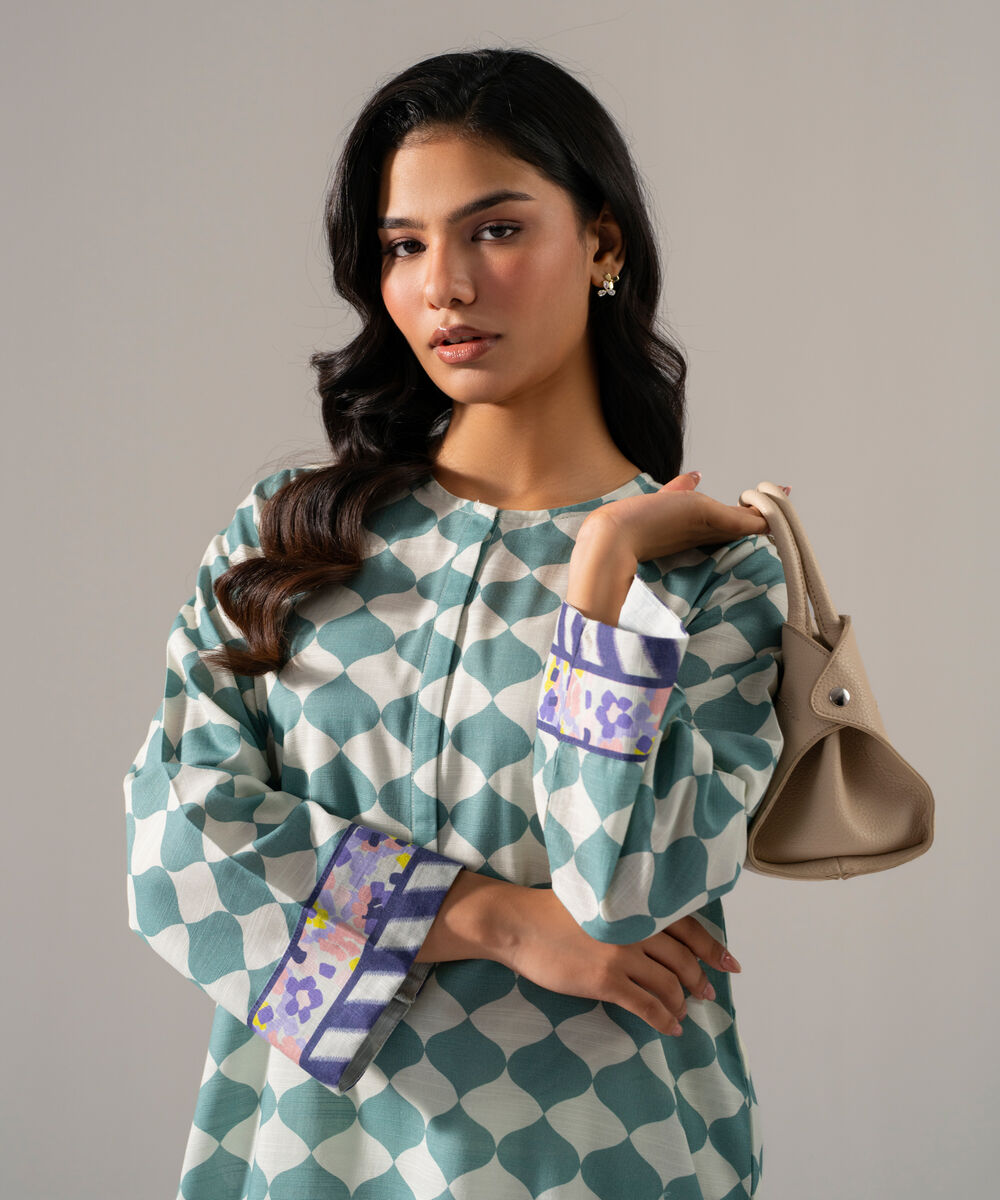 Women's RTW Khaddar Printed Green Straight Shirt
