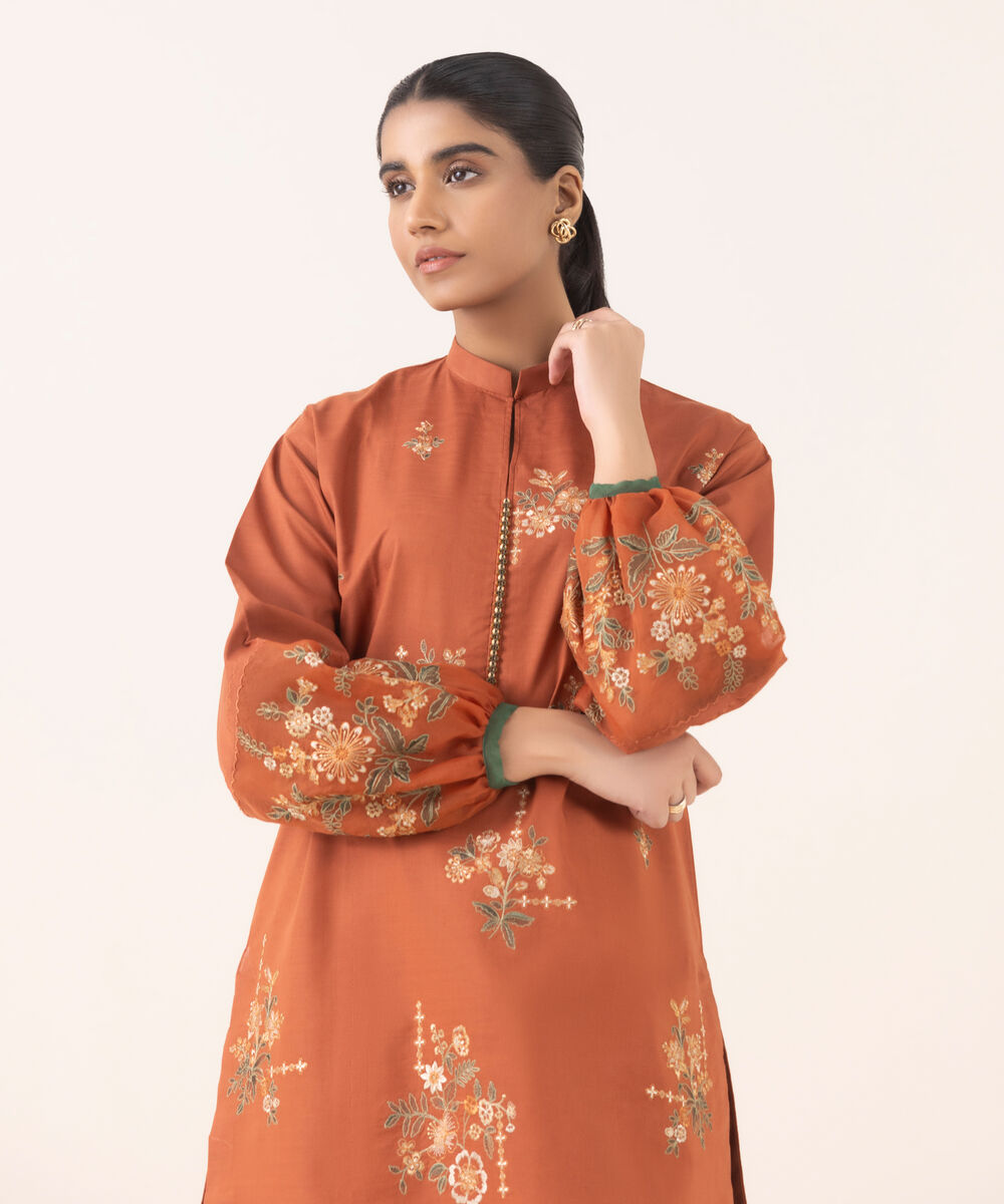 Women's Unstitched Cotton Embroidered Rust Two Piece Suit