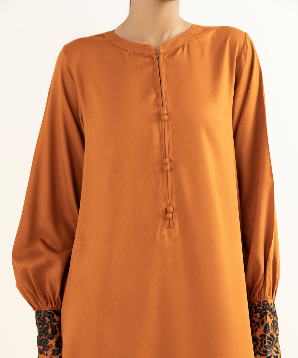 Women's RTW Linen Viscose Embroidered Orange Straight Shirt