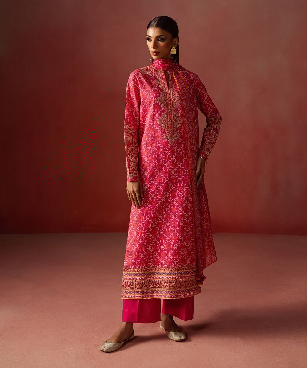 3 Piece - Embroidered Lawn Suit Women's Unstitched Lawn Embroidered Pink 3 Piece Suit