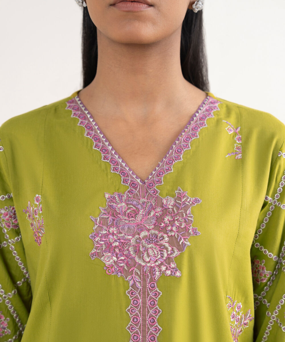 Women's RTW Cotton Viscose Embroidered Green A-Line Shirt