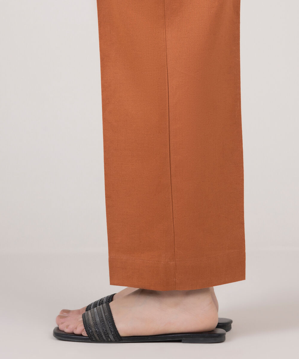 Women's RTW Cotton Linen Orange Solid Straight Pants