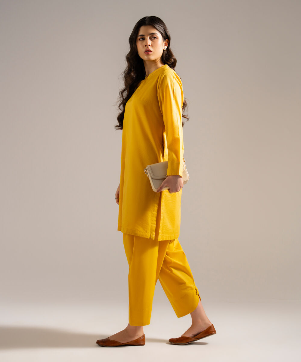 Women's RTW Dobby Solid Yellow Straight Shirt