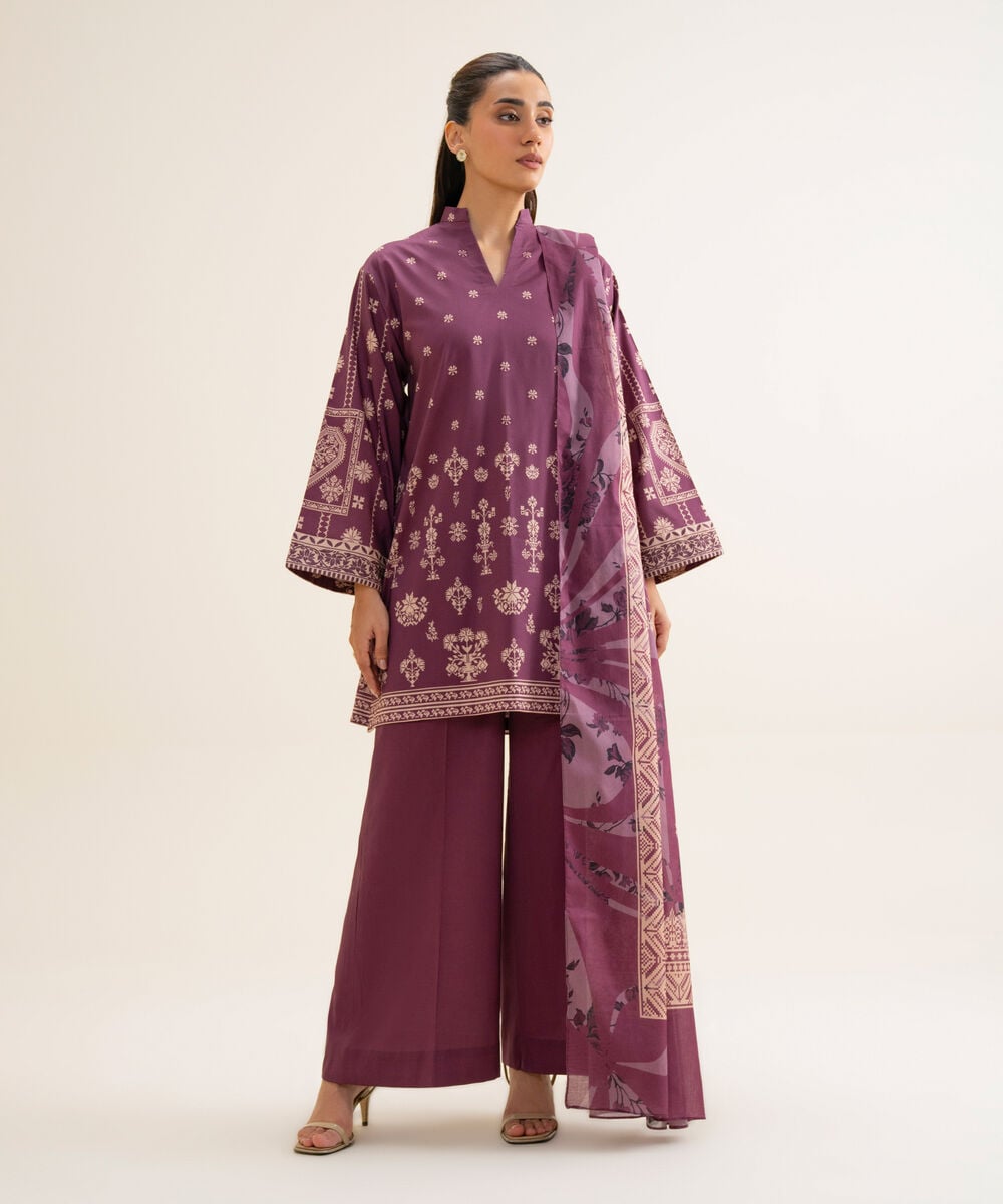 Women's Unstitched Cotton Viscose Printed Plum 3 Piece Suit