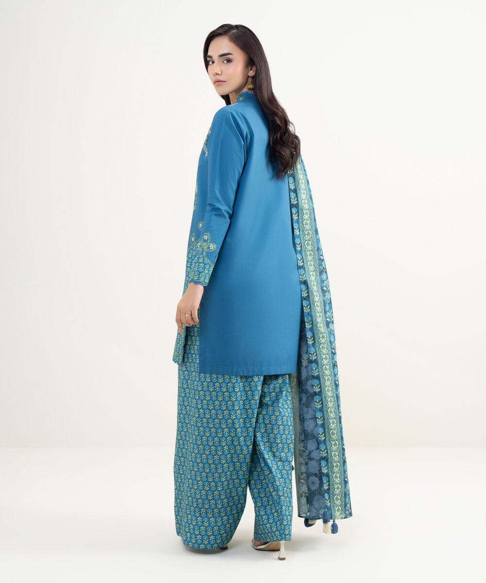 Women's Unstitched Textured Lawn Embroidered Blue 3 Piece Suit