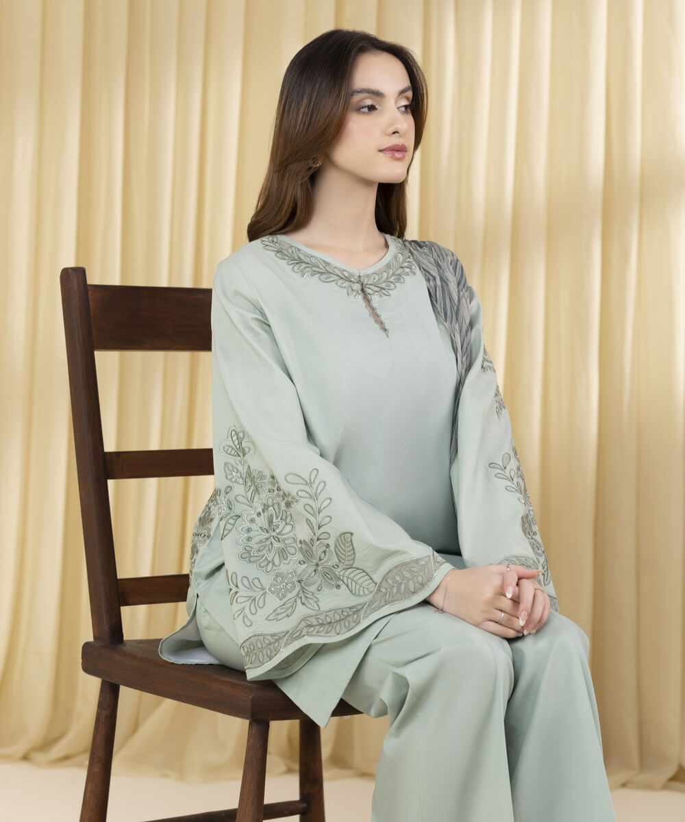 Unstitched Women's Green Dobby 3 Piece Suit