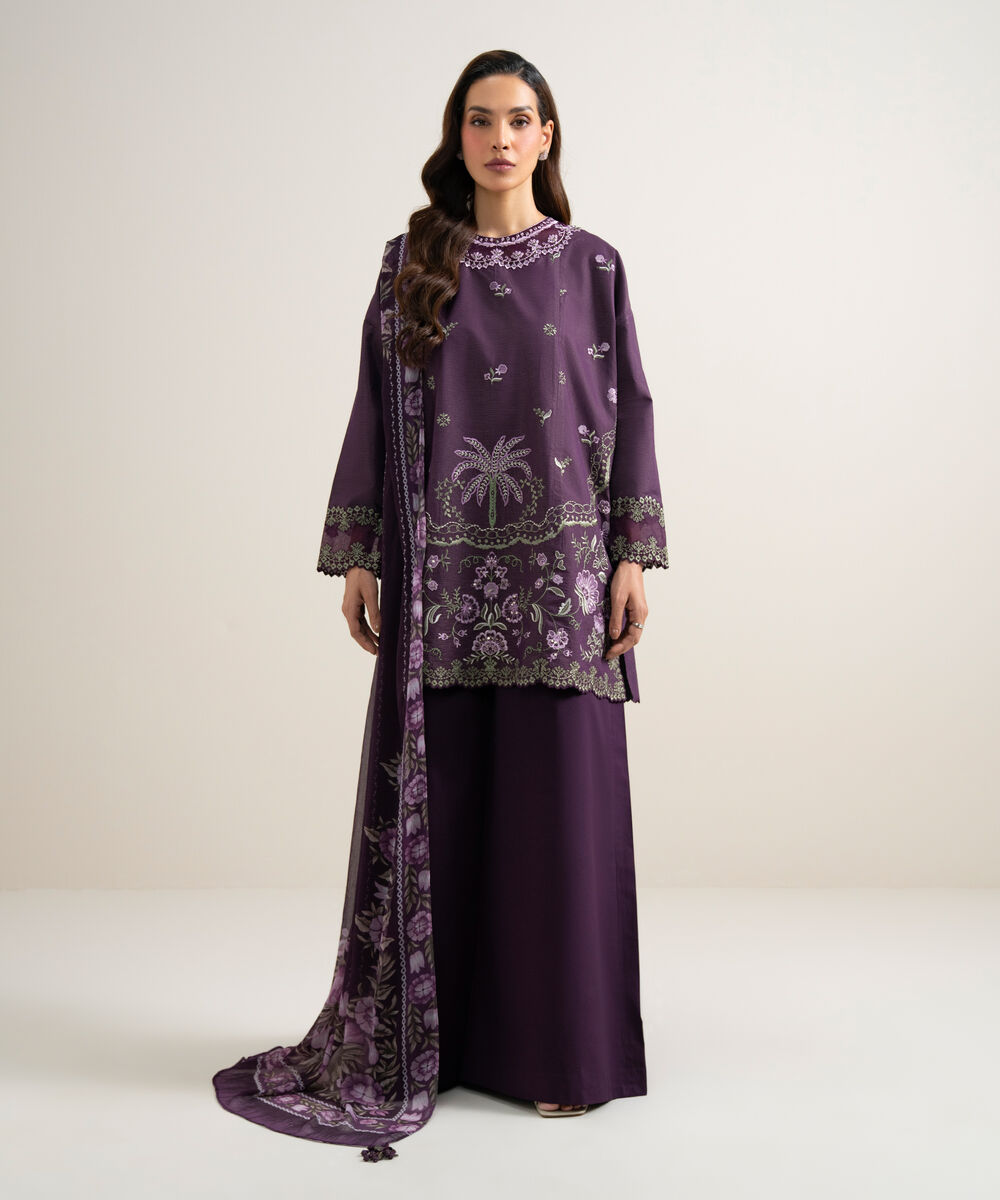 Women's Unstitched Zari Lawn Embroidered Purple 3 Piece Suit