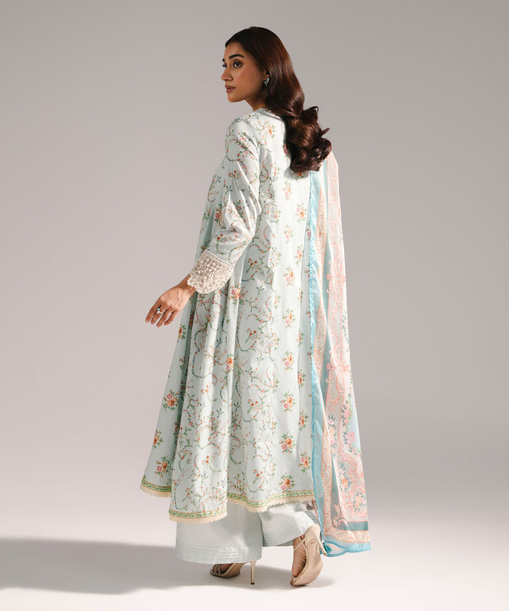 Women's RTW Cotton Satin Embroidered Light Blue 3 Piece Suit