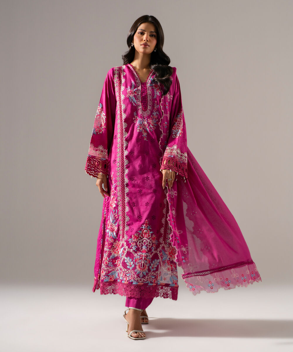 Women's RTW Self Jacquard Solid Embroidered Pink 3 Piece Suit