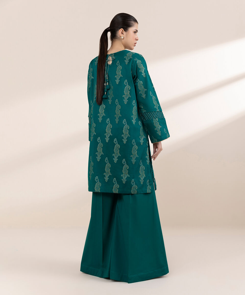 Women's RTW Extra Weft Jacquard Green Solid A-Line Shirt