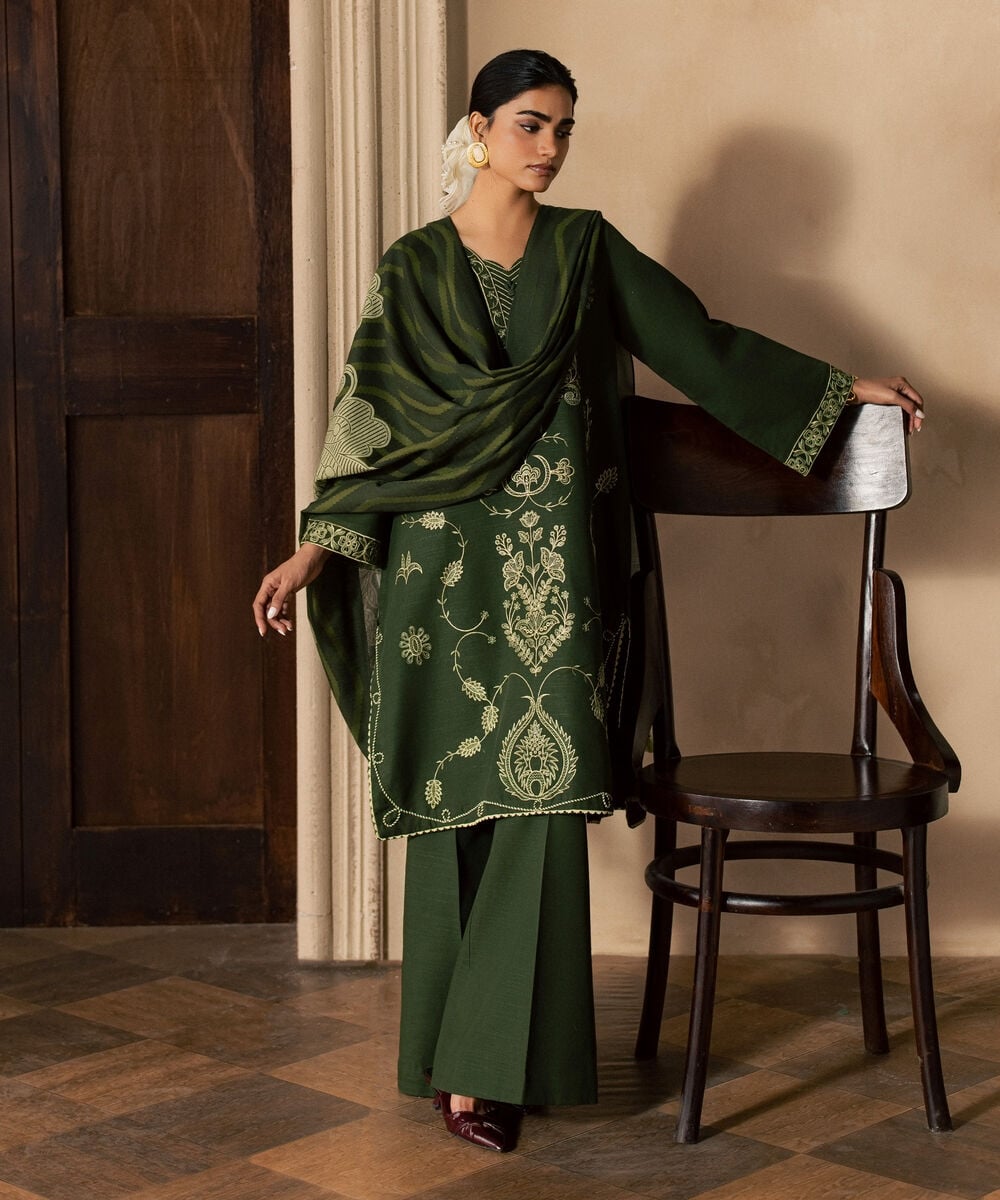 Women's Unstitched Light Khaddar Embroidered Green 3 Piece Suit