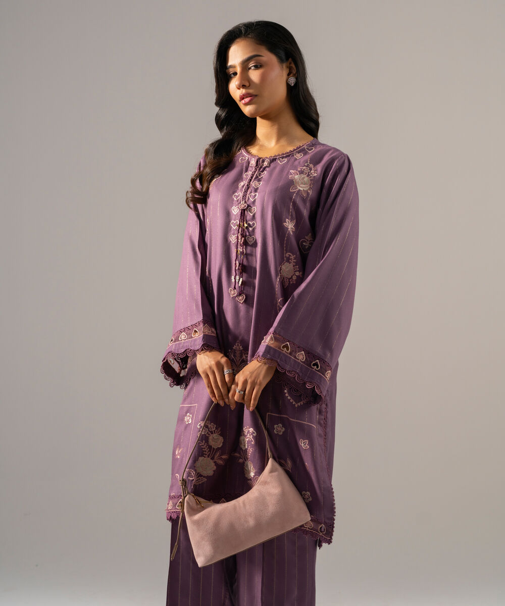 Women's RTW Dobby Crepe Lurix Solid Embroidered Purple Straight Shirt