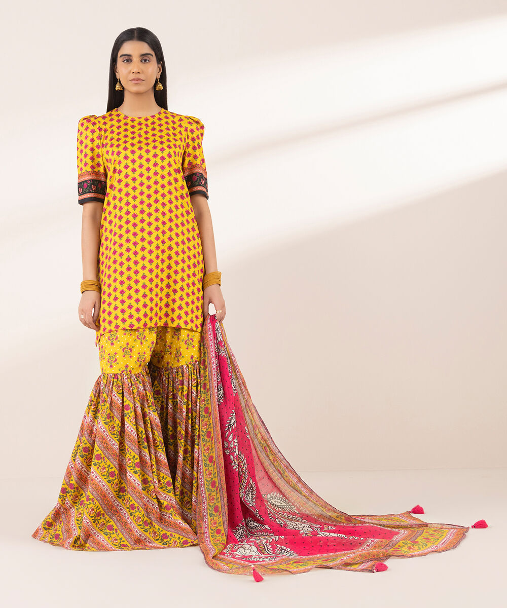 Women's RTW Arabic Lawn Yellow Printed A-Line Shirt