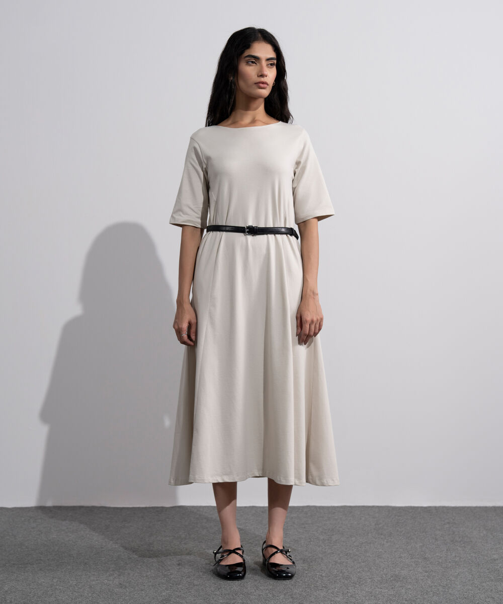 Women's Beige Flared Panelled Midi Dress