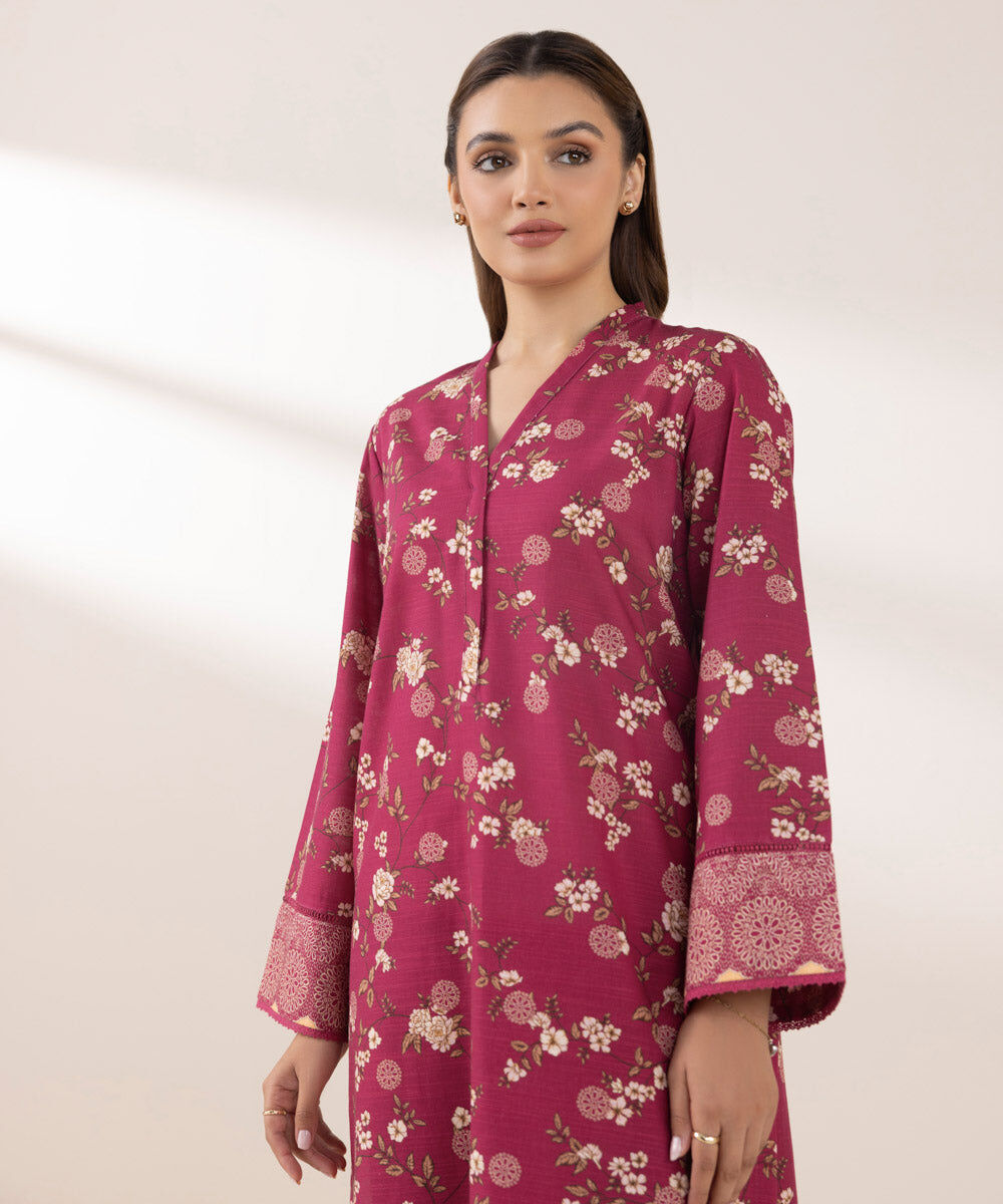 Woman - Pink Printed Khaddar Shirt