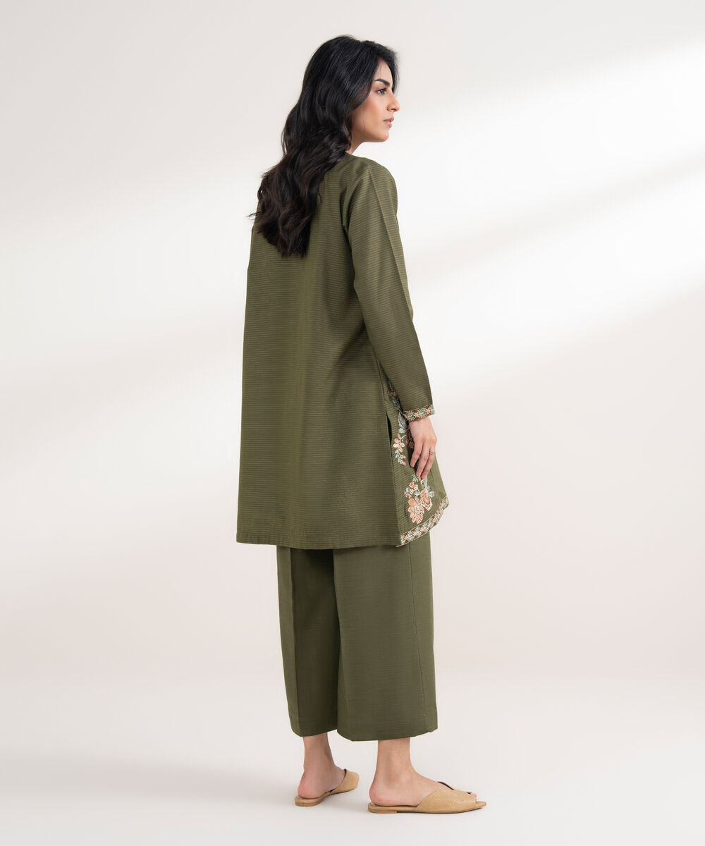 Women's RTW Zari Khaddar Embroidered Green Straight Shirt