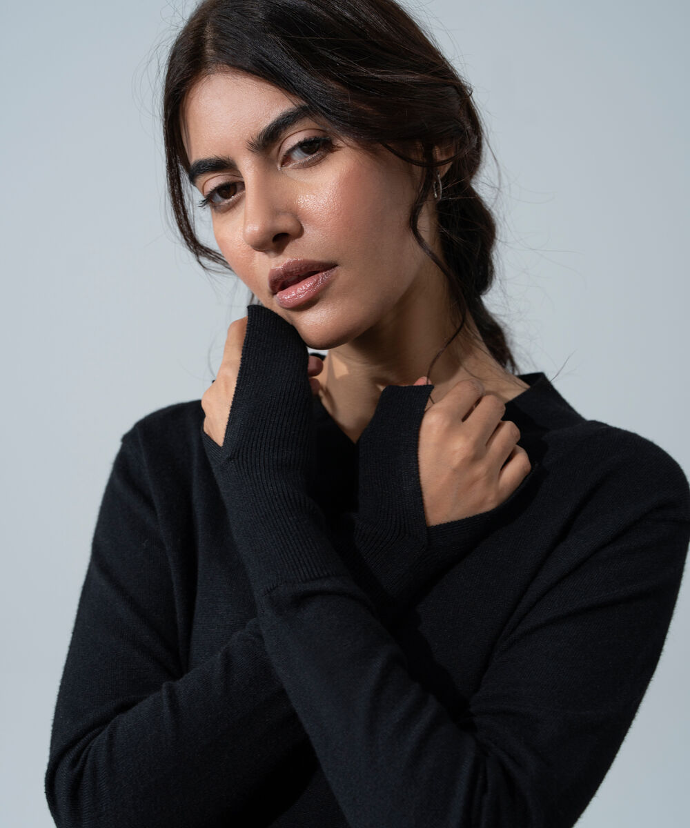 Women's Western Wear Black Cross-Over High Neck Sweater