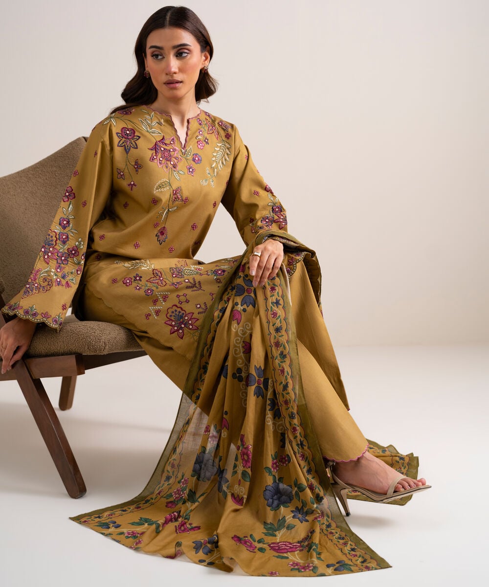 Women's Unstitched Embroidered Cotton Viscose Mustard 3 Piece Suit