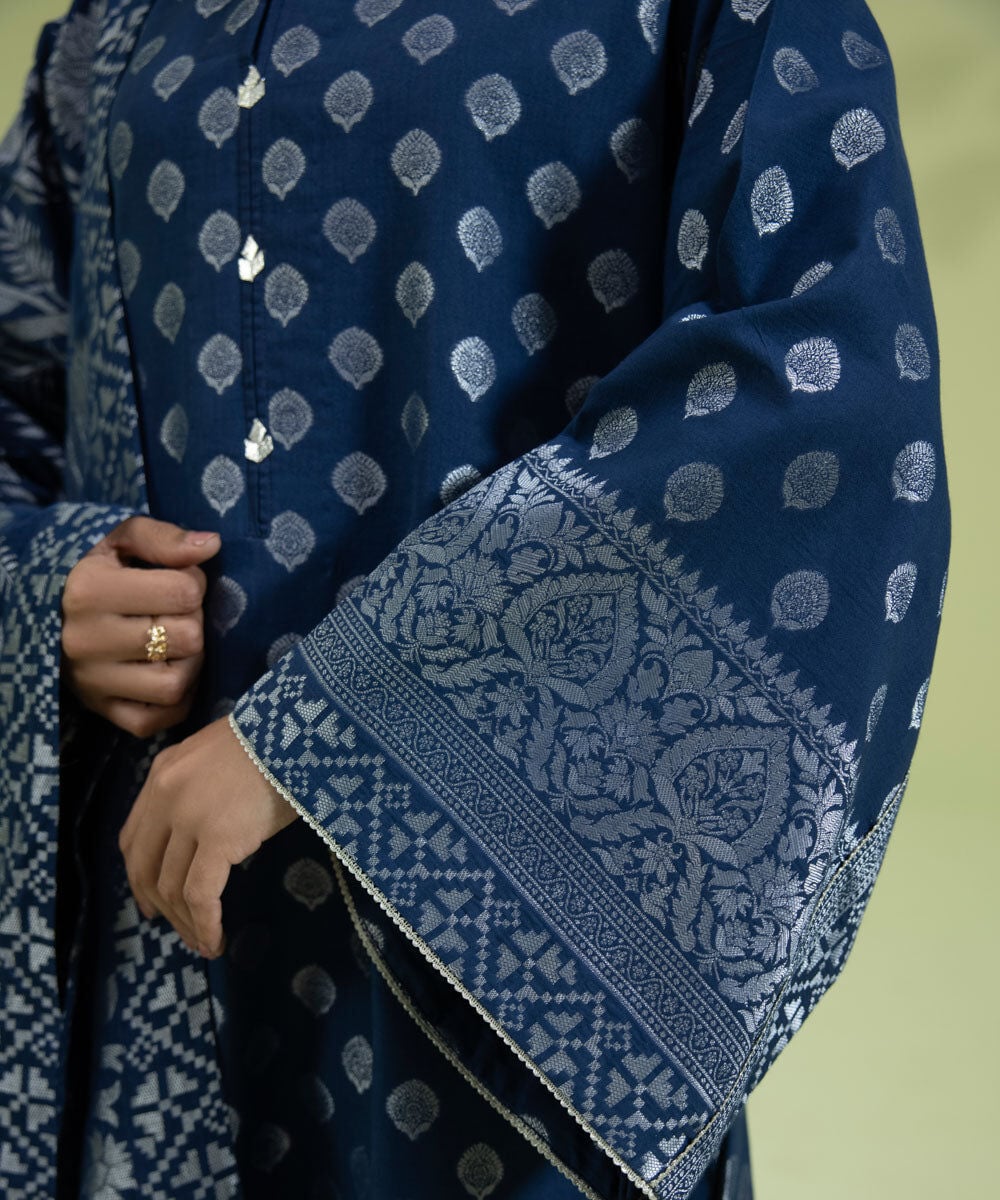 Eid Unstitched Women's Printed Extra Weft Jacquard Navy Blue 3 Piece Suit