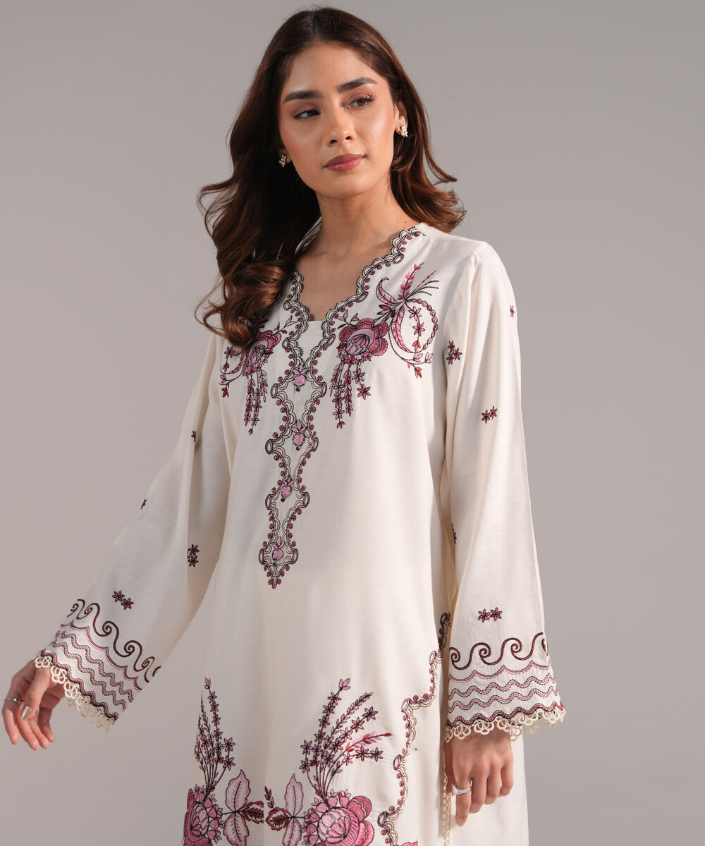 Women's RTW Viscose Raw Silk Embroidered Cream White 2 Piece Suit