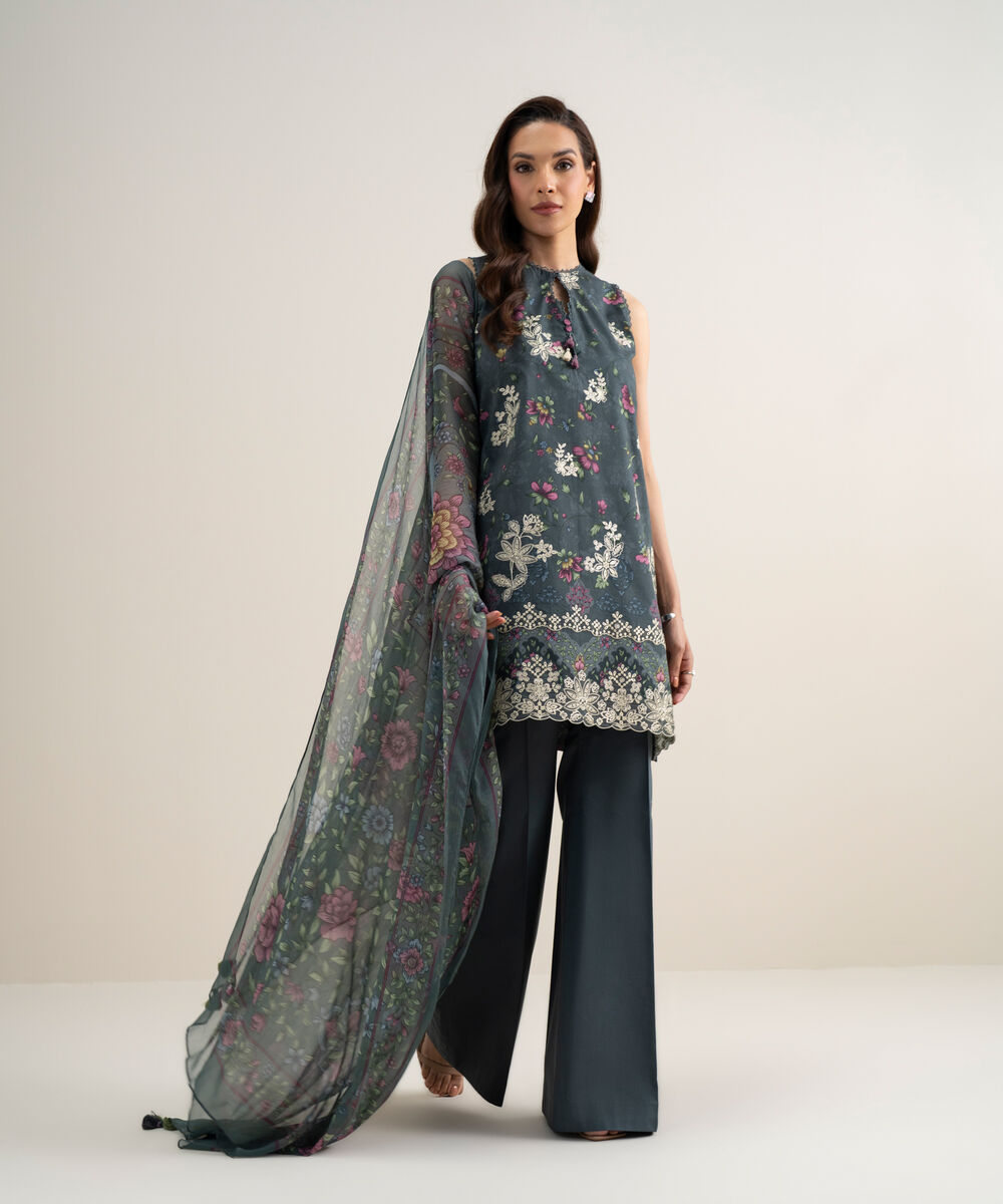 Women's Unstitched Lawn Embroidered Grey 3 Piece Suit