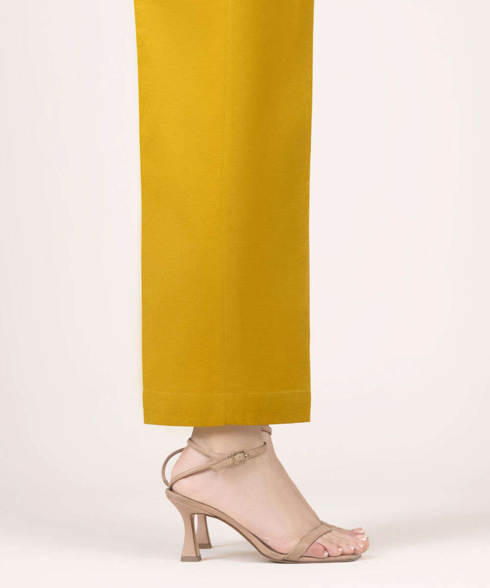 Women's RTW Cotton Linen Yellow Solid Straight Pants