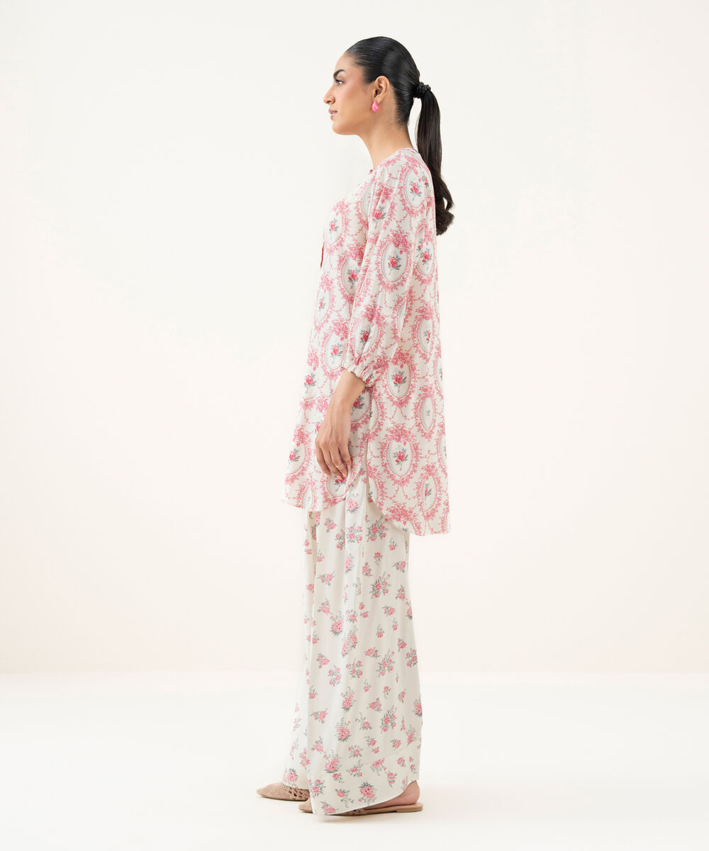 Women's RTW Linen Viscose Printed White Straight Shirt