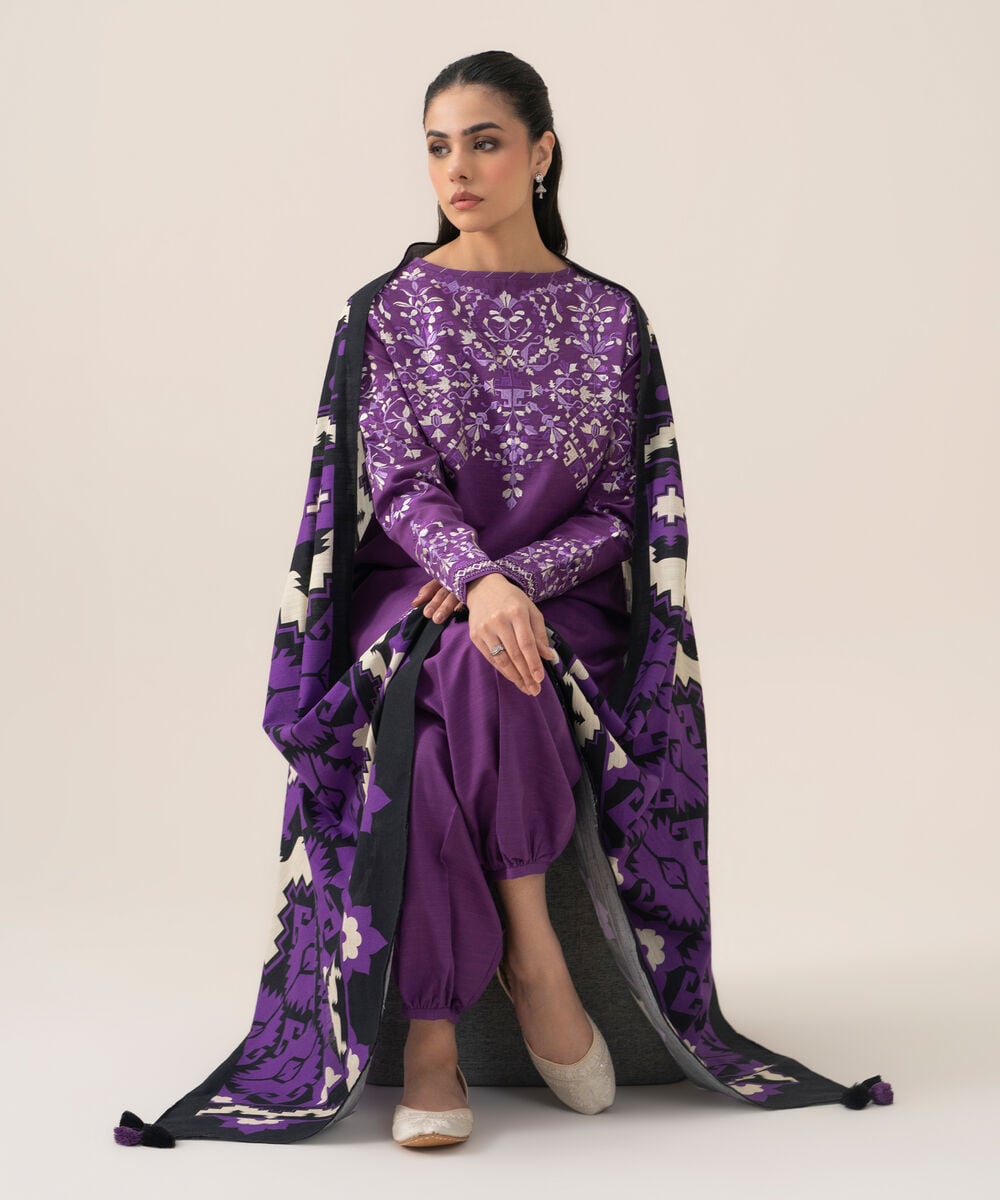 Women's Unstitched Lawn Embroidered Purple 3 Piece Suit