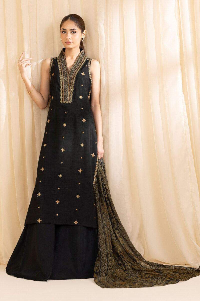 3 Piece -  Embroidered Raw Silk Suit