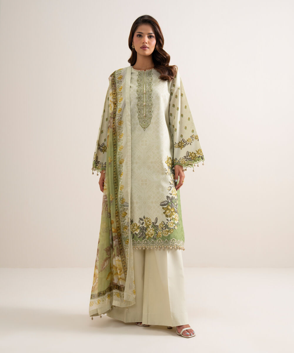 Women's Unstitched Zari Cotton Embroidered Off White  3 Piece Suit