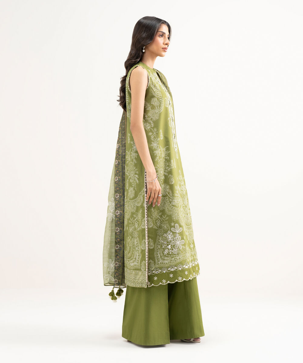 Women's Unstitched Lawn Embroidered Green 3 Piece Suit